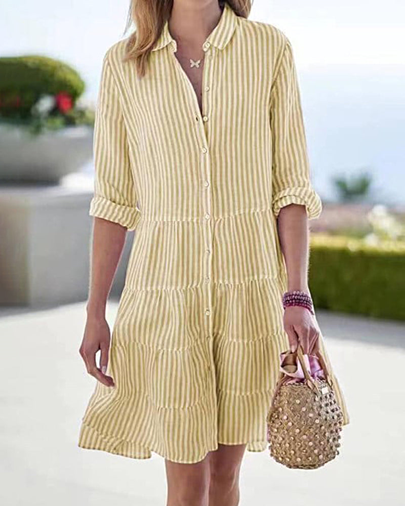 Smellmail™-Long Sleeve Lapel Stripe Layered Panel Hem Shirt Dress