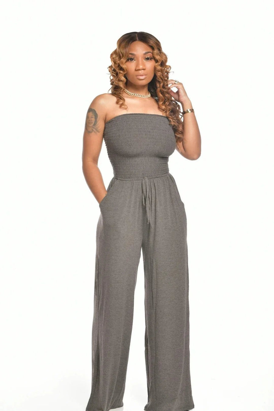 Smellmail™-Off Shoulder Solid Color Smocked Jumpsuit