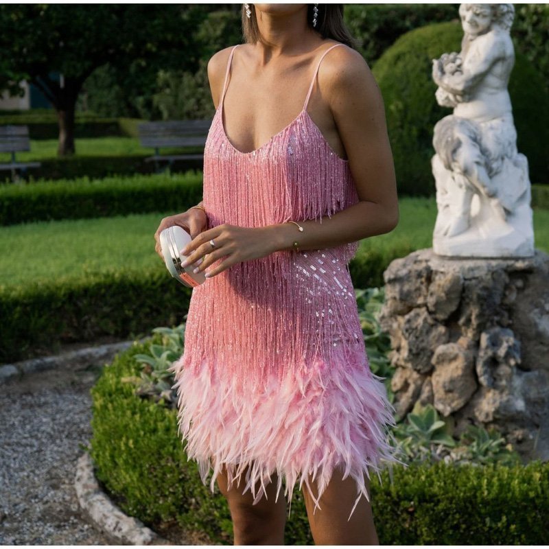 Smellmail™-Women's Feather Fringe Sequin Spaghetti Strap Dress