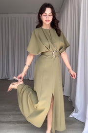 loveedsTM-Solid color fashion round neck short sleeve belt slim long skirt