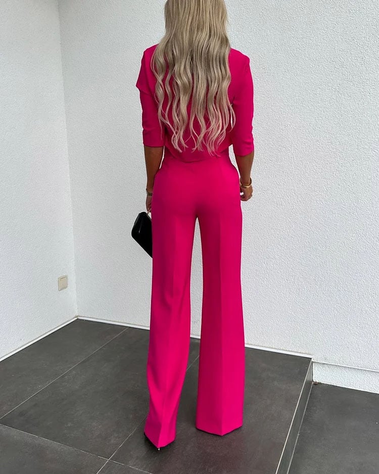 Smellmail™-Solid Color Jacket & High Waist Straight Pants Set