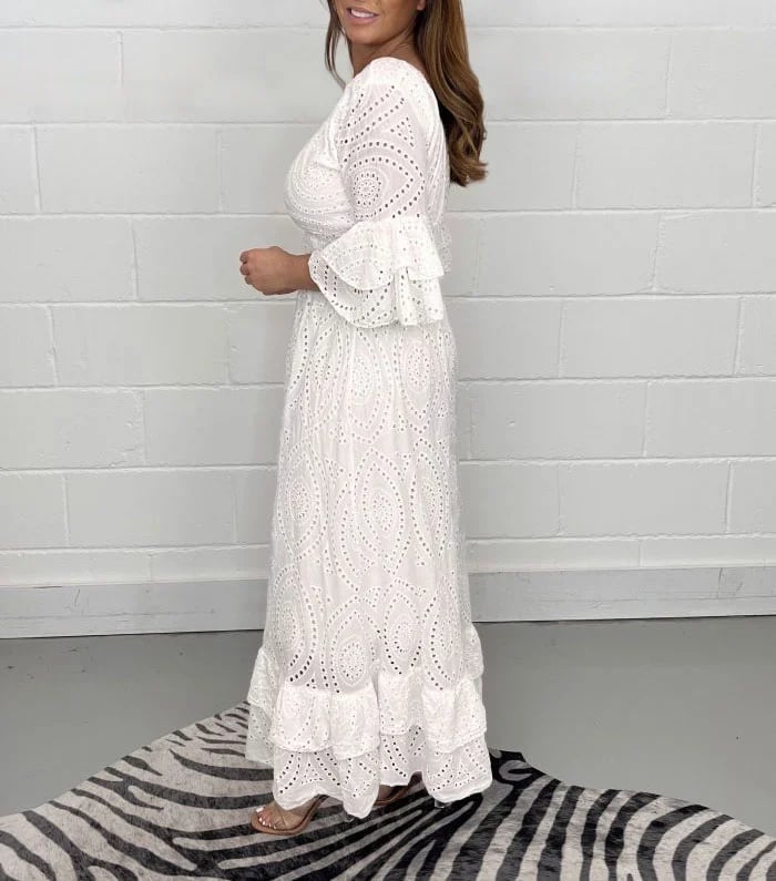 Smellmail™-Embroidery Anglaise Frill Sleeve Midi Dress