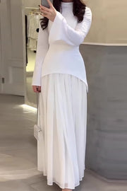 loveedsTM-Solid color fashionable stitching design round neck pleated long skirt