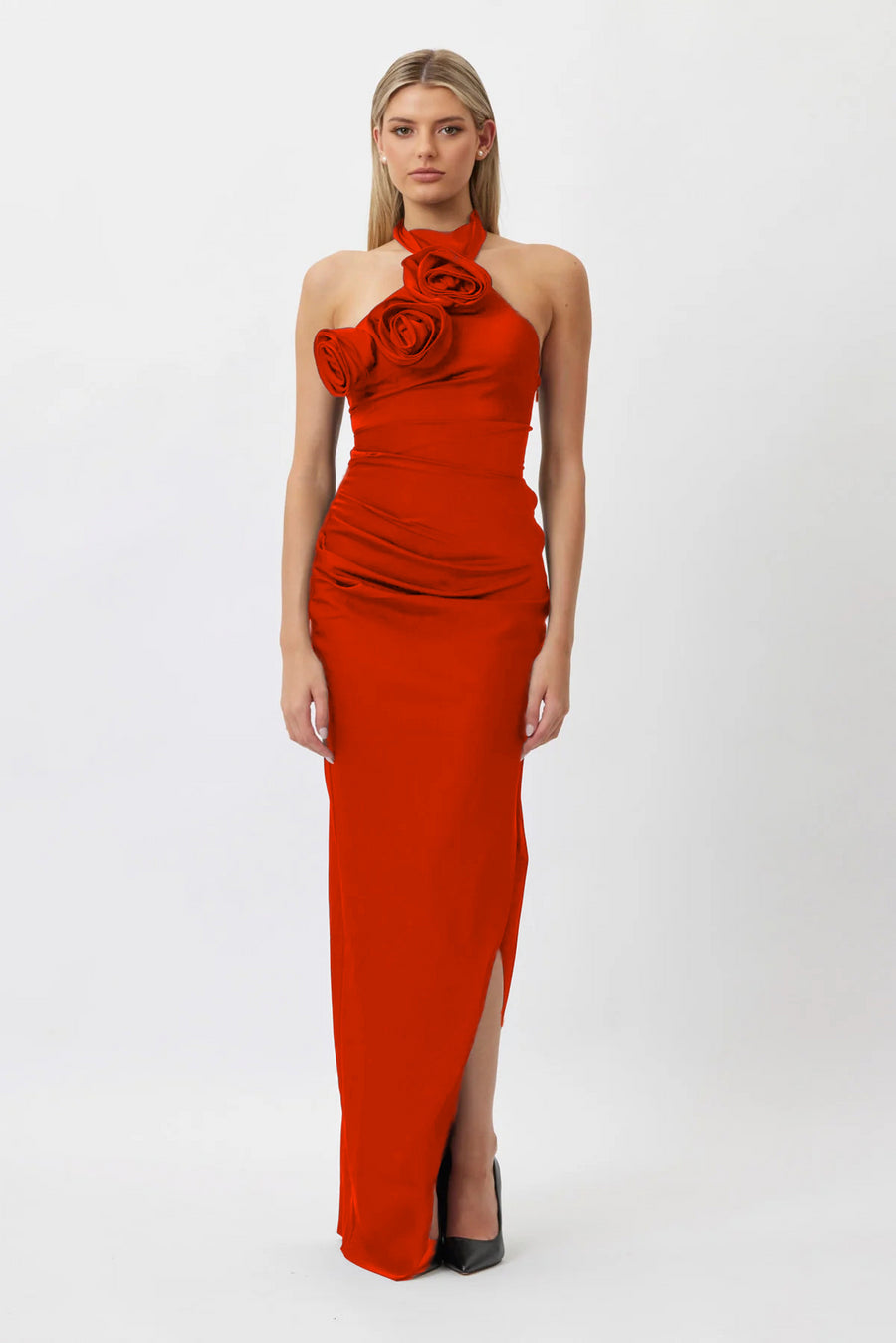 Smellmail™-Long halter neck off-shoulder evening dress with ribbon and flowers