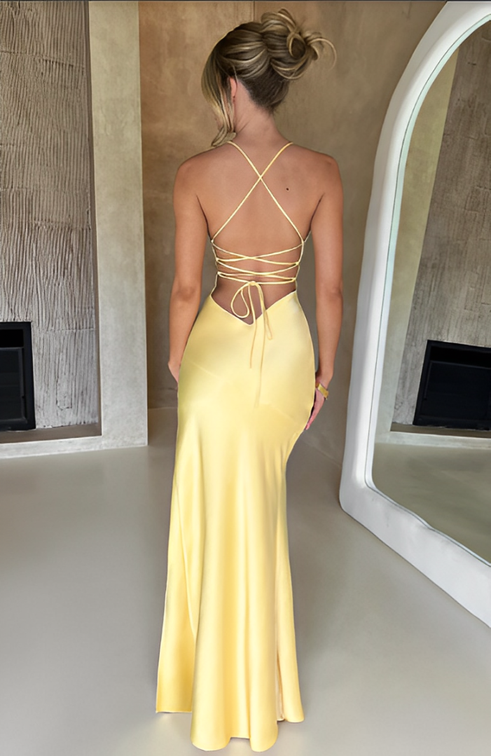 V-neck satin slit maxi dress