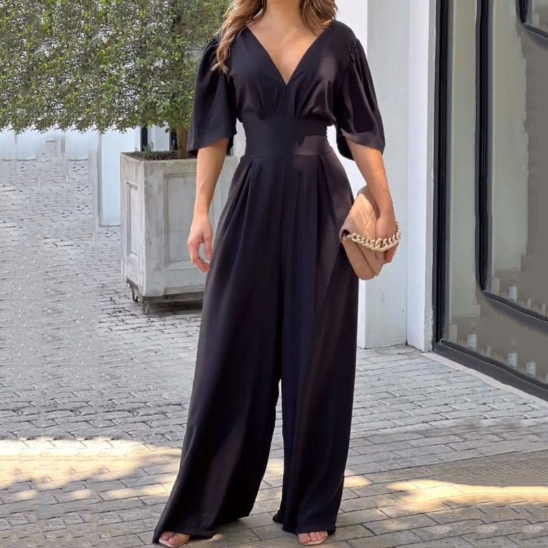 Smellmail™-V-neck high waist loose wide-leg jumpsuit