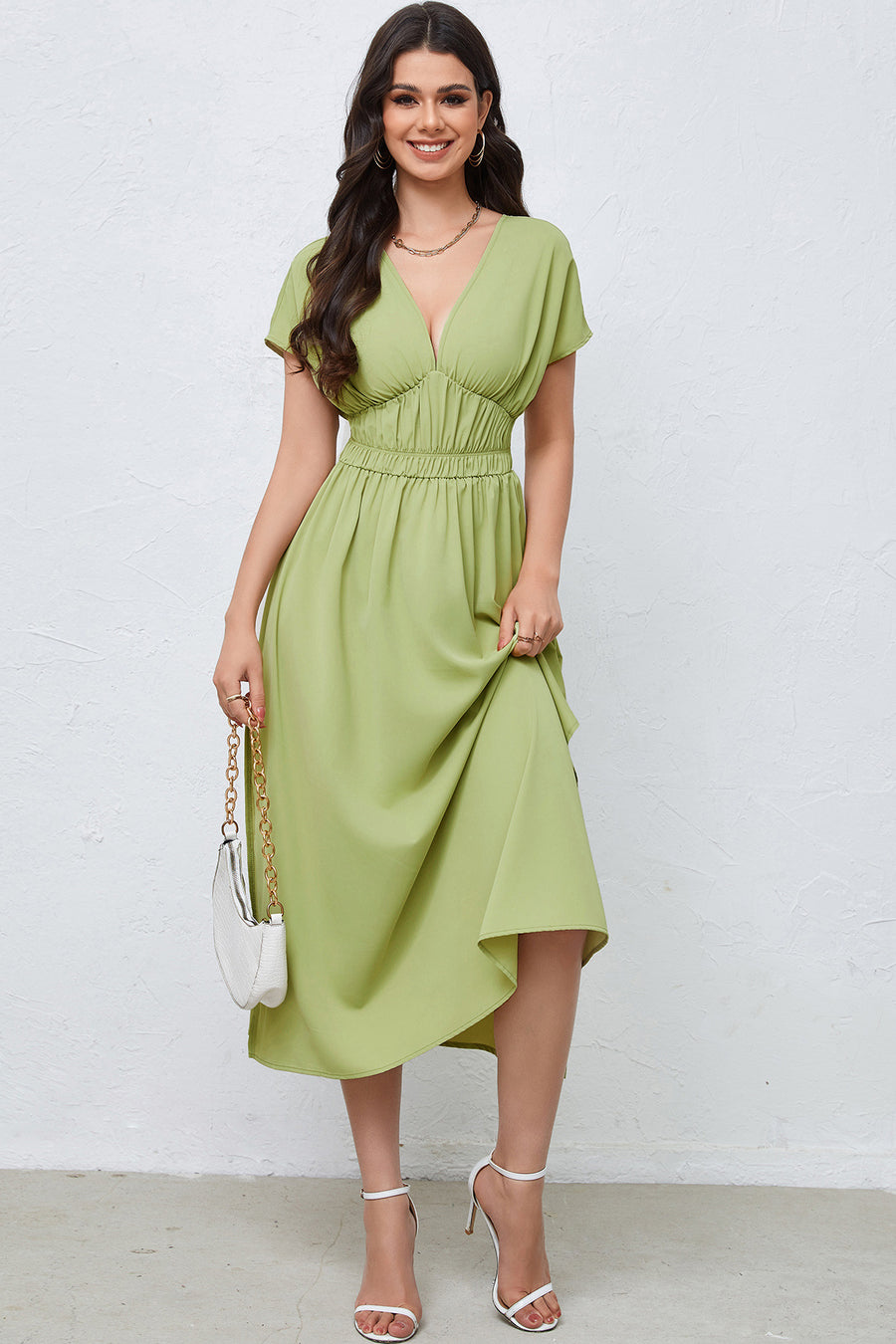 loveedsTM-V-neck dress backless high waist solid color dress