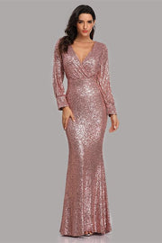 loveedsTM-Long Sleeve V Neck Sequined Fishtail Evening Dress