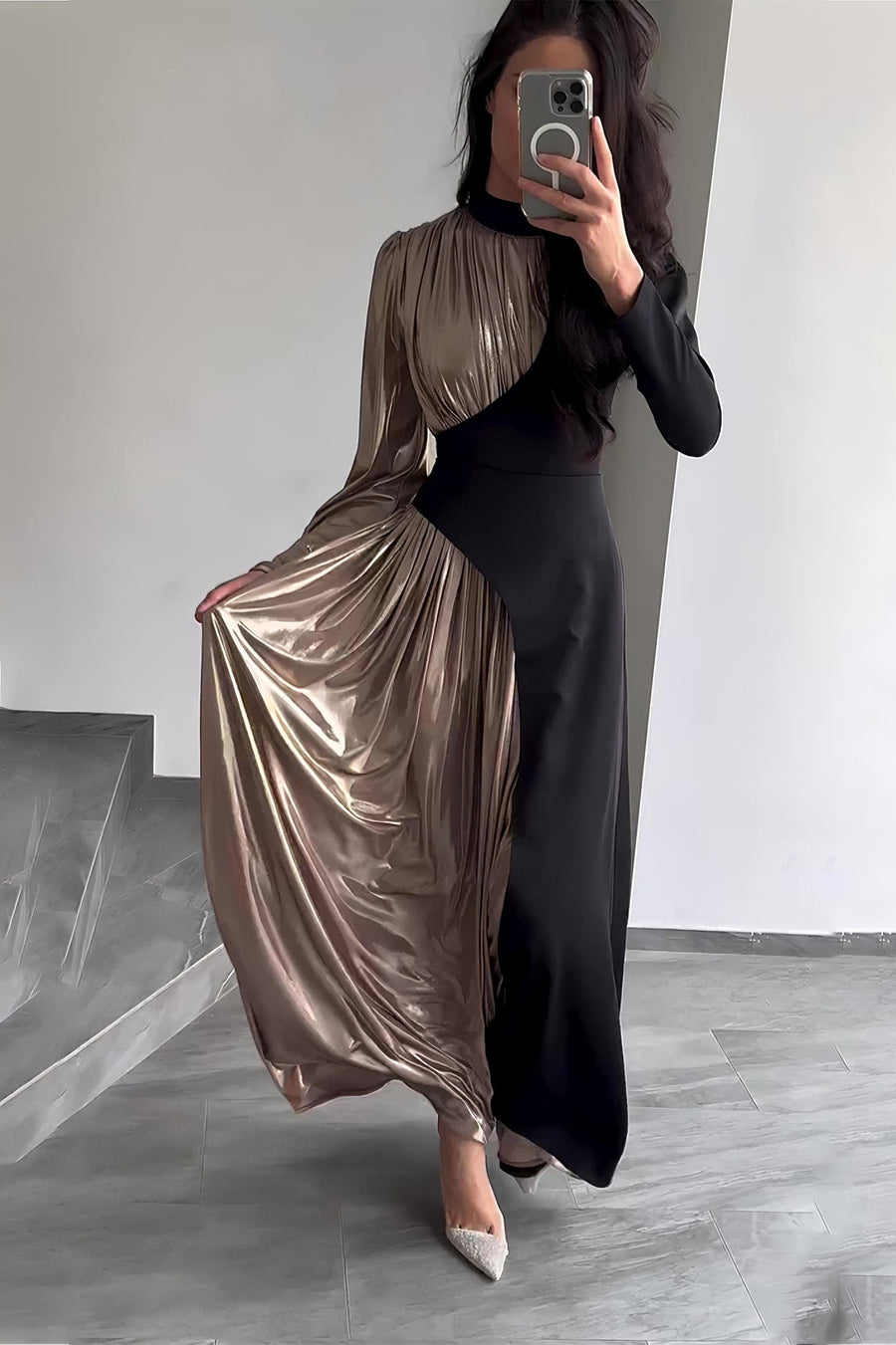 loveedsTM-Long Sleeve Slim Belt Fashion Dress Women's Irregular Long Skirt