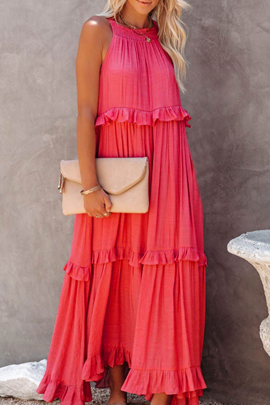 Smellmail™-Halter Sleeveless Pleated Tiered Maxi Dress