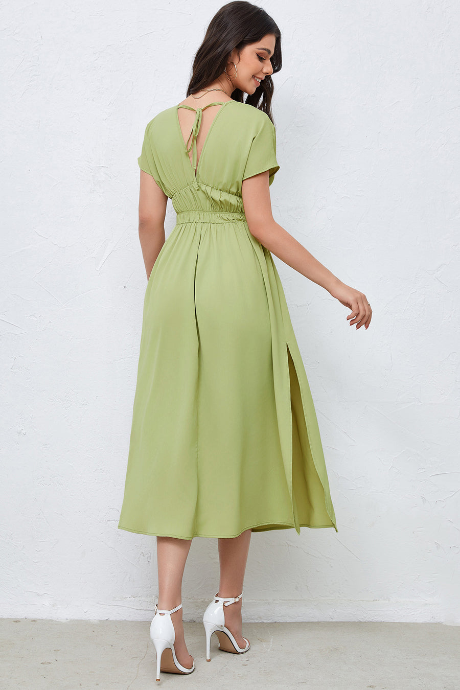 loveedsTM-V-neck dress backless high waist solid color dress