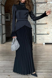 loveedsTM-Solid color fashionable stitching design round neck pleated long skirt