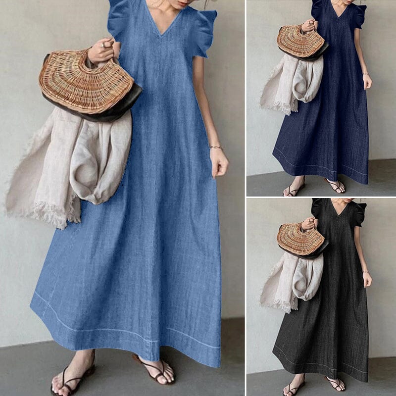 Smellmail™-Denim V-neck Long Dress