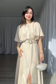 loveedsTM-Solid color fashion round neck short sleeve belt slim long skirt