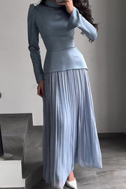 loveedsTM-Solid color fashionable stitching design round neck pleated long skirt