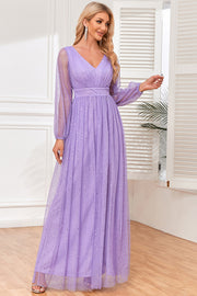 loveedsTM-V-neck see-through long-sleeved tulle shiny evening dress