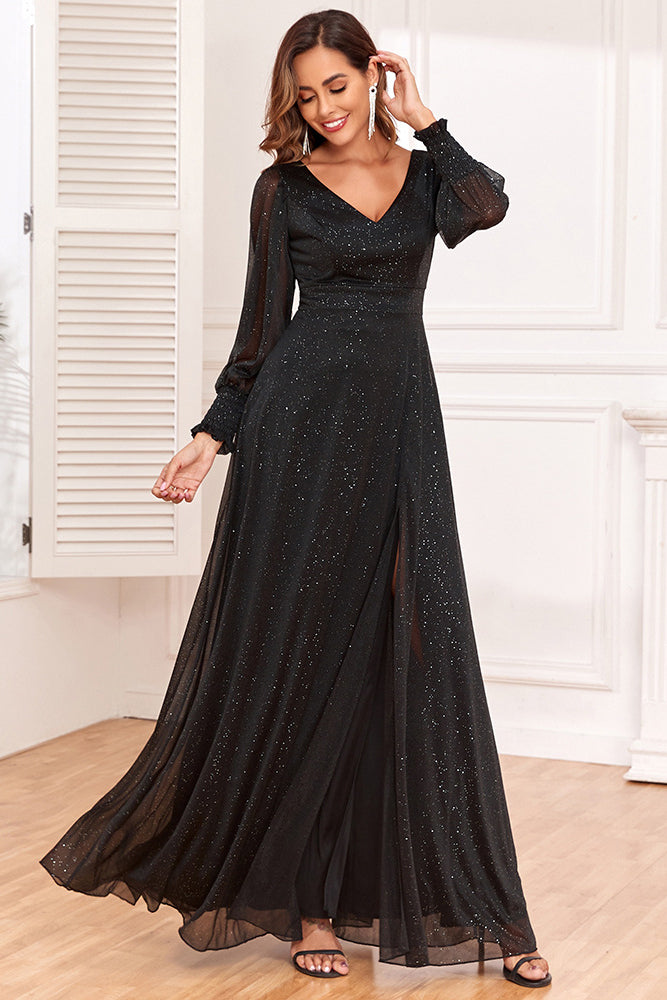 loveedsTM-V-neck high slit big A-line sparkling evening dress