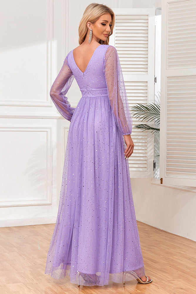 loveedsTM-V-neck see-through long-sleeved tulle shiny evening dress