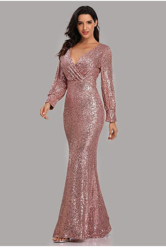 loveedsTM-Long Sleeve V Neck Sequined Fishtail Evening Dress