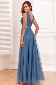 loveedsTM-Spliced Elastic Waist Sleeveless V Neck Evening Dress Tulle Embroidery Long Party Dress