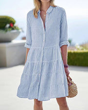 Smellmail™-Long Sleeve Lapel Stripe Layered Panel Hem Shirt Dress