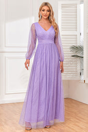 loveedsTM-V-neck see-through long-sleeved tulle shiny evening dress