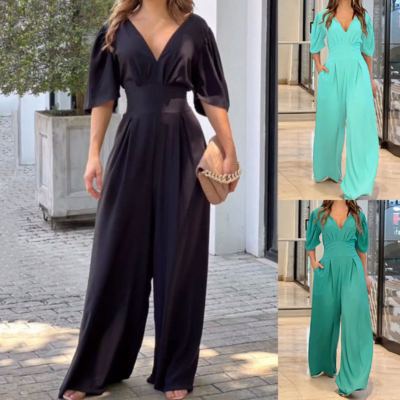 Smellmail™-V-neck high waist loose wide-leg jumpsuit