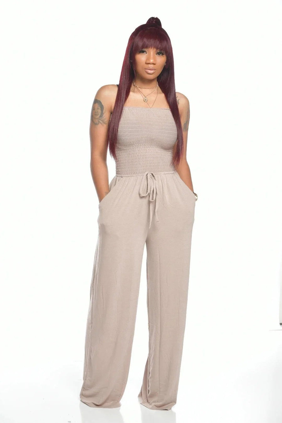 Smellmail™-Off Shoulder Solid Color Smocked Jumpsuit