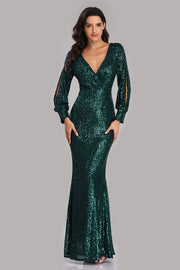 loveedsTM-Long Sleeve V Neck Sequined Fishtail Evening Dress