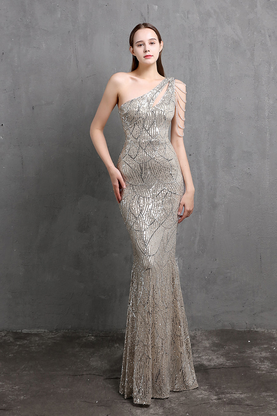 Smellmail™-Solid color one shoulder sequined long evening dress