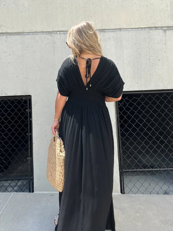 Smellmail™-Slit V-neck long casual dress