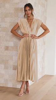 Smellmail™-Timeless Elegance: Draped V-Neck Pleated Skirt Dress