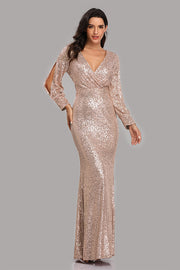 loveedsTM-Long Sleeve V Neck Sequined Fishtail Evening Dress