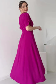 loveedsTM-Solid color fashion round neck short sleeve belt slim long skirt