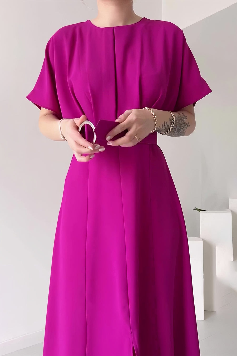 loveedsTM-Solid color fashion round neck short sleeve belt slim long skirt