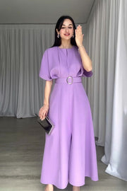 loveedsTM-Solid color fashion round neck short sleeve belt slim long skirt