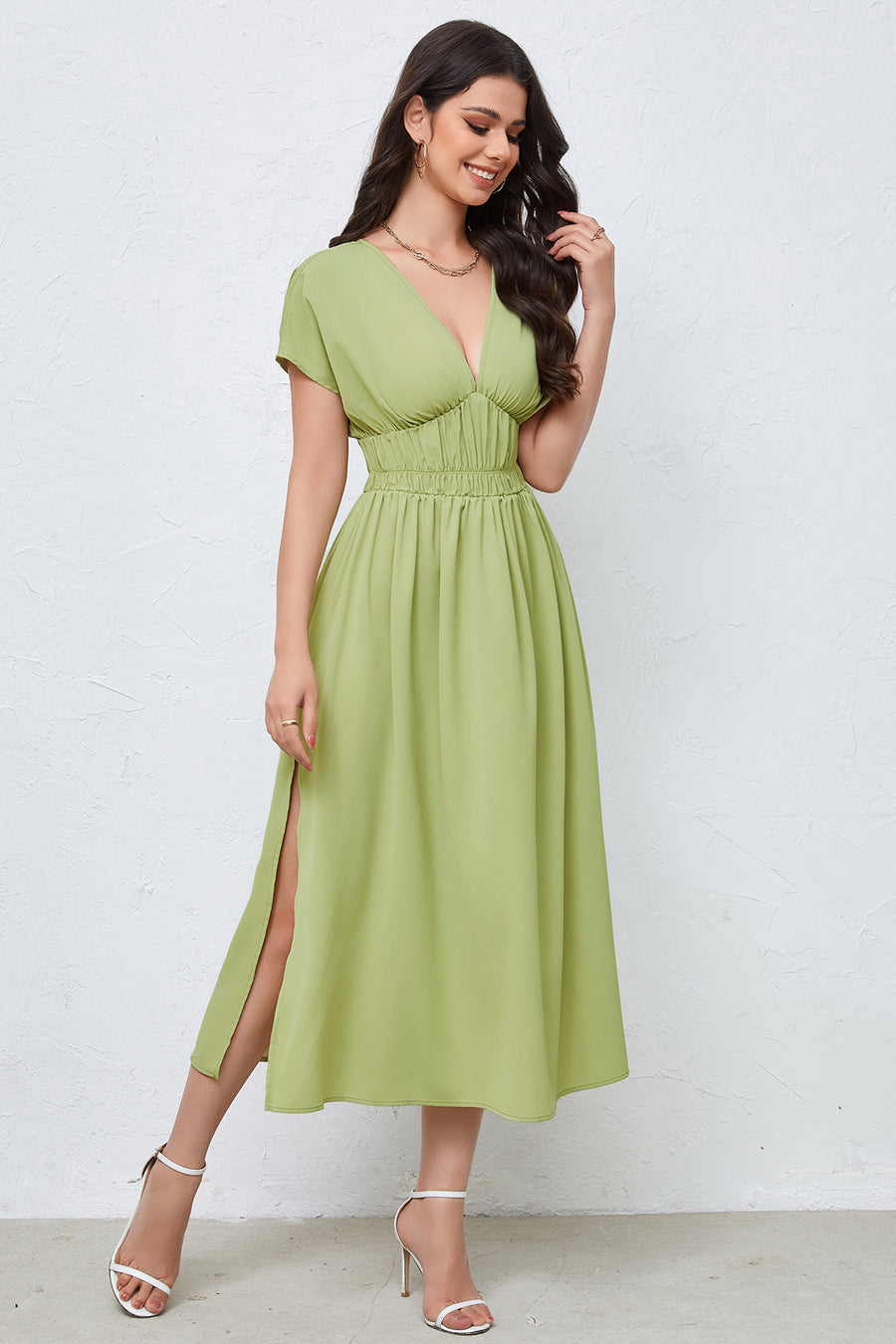 loveedsTM-V-neck dress backless high waist solid color dress