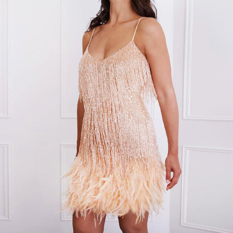 Smellmail™-Women's Feather Fringe Sequin Spaghetti Strap Dress