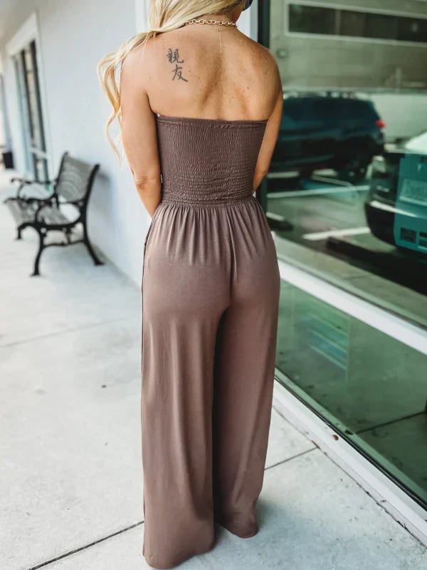 Smellmail™-Off Shoulder Solid Color Smocked Jumpsuit