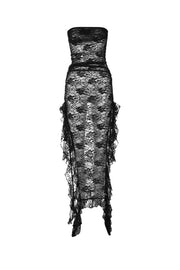 Smellmail™-Black Lace Floral Ribbon Slit Strapless Dress