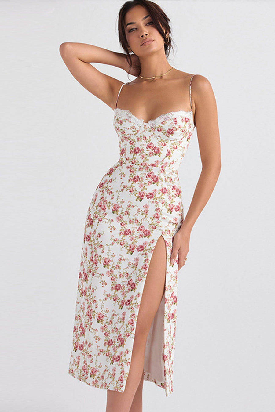 Smellmail™-Floral Print Lace Split Cami Dress