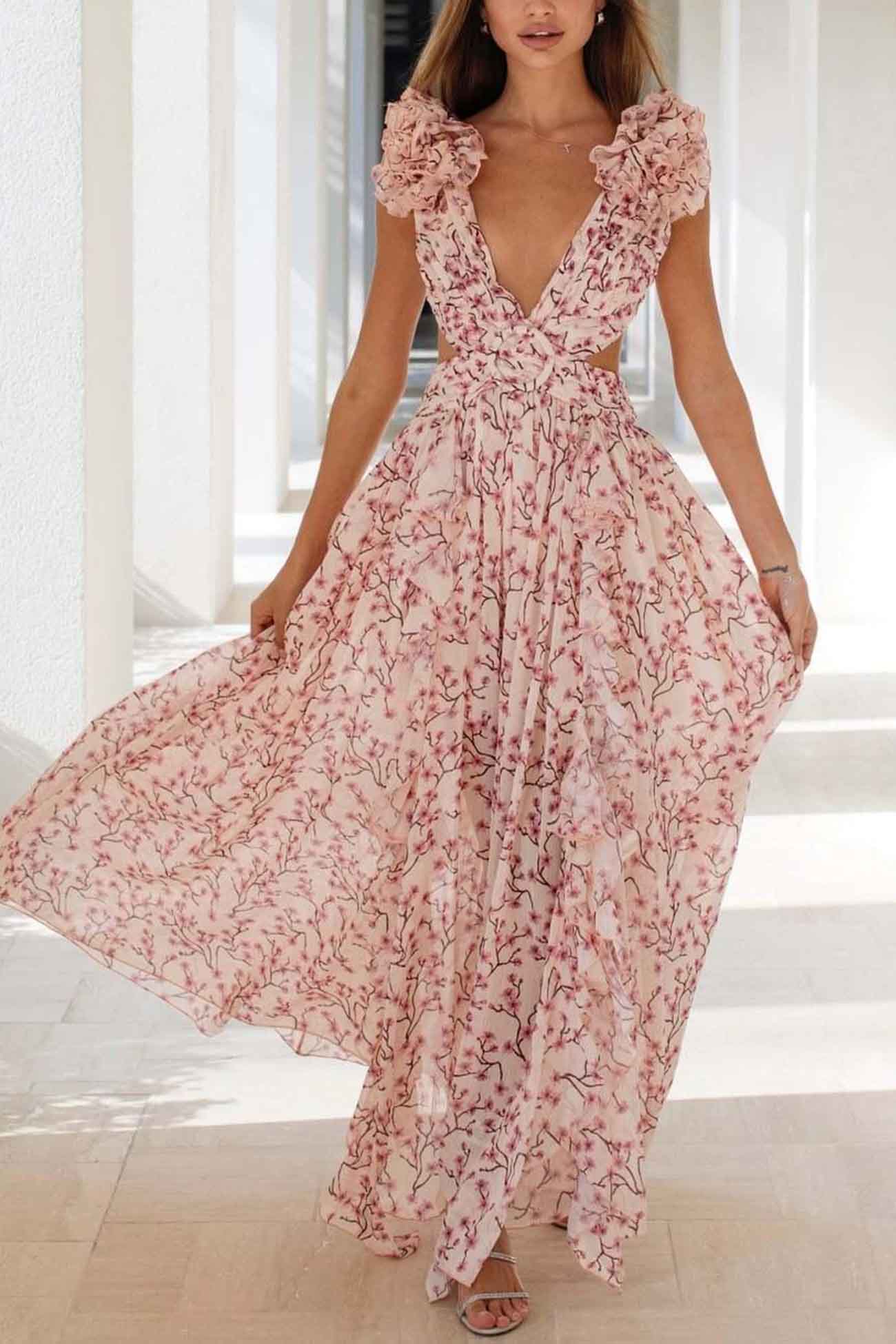 Smellmail™-Floral V Neck Ruffled Cutout Backless Dress