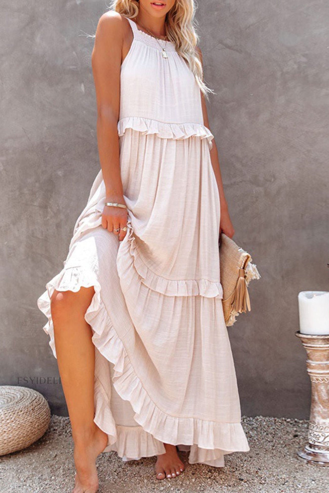 Smellmail™-Halter Sleeveless Pleated Tiered Maxi Dress