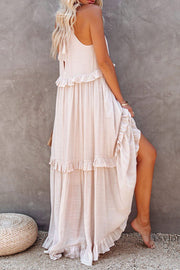 Smellmail™-Halter Sleeveless Pleated Tiered Maxi Dress