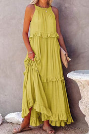 Smellmail™-Halter Sleeveless Pleated Tiered Maxi Dress