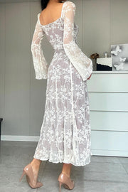 Smellmail™-Lace Tie-up Flares Sleeve Midi Dress