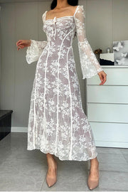 Smellmail™-Lace Tie-up Flares Sleeve Midi Dress