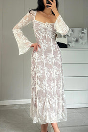 Smellmail™-Lace Tie-up Flares Sleeve Midi Dress