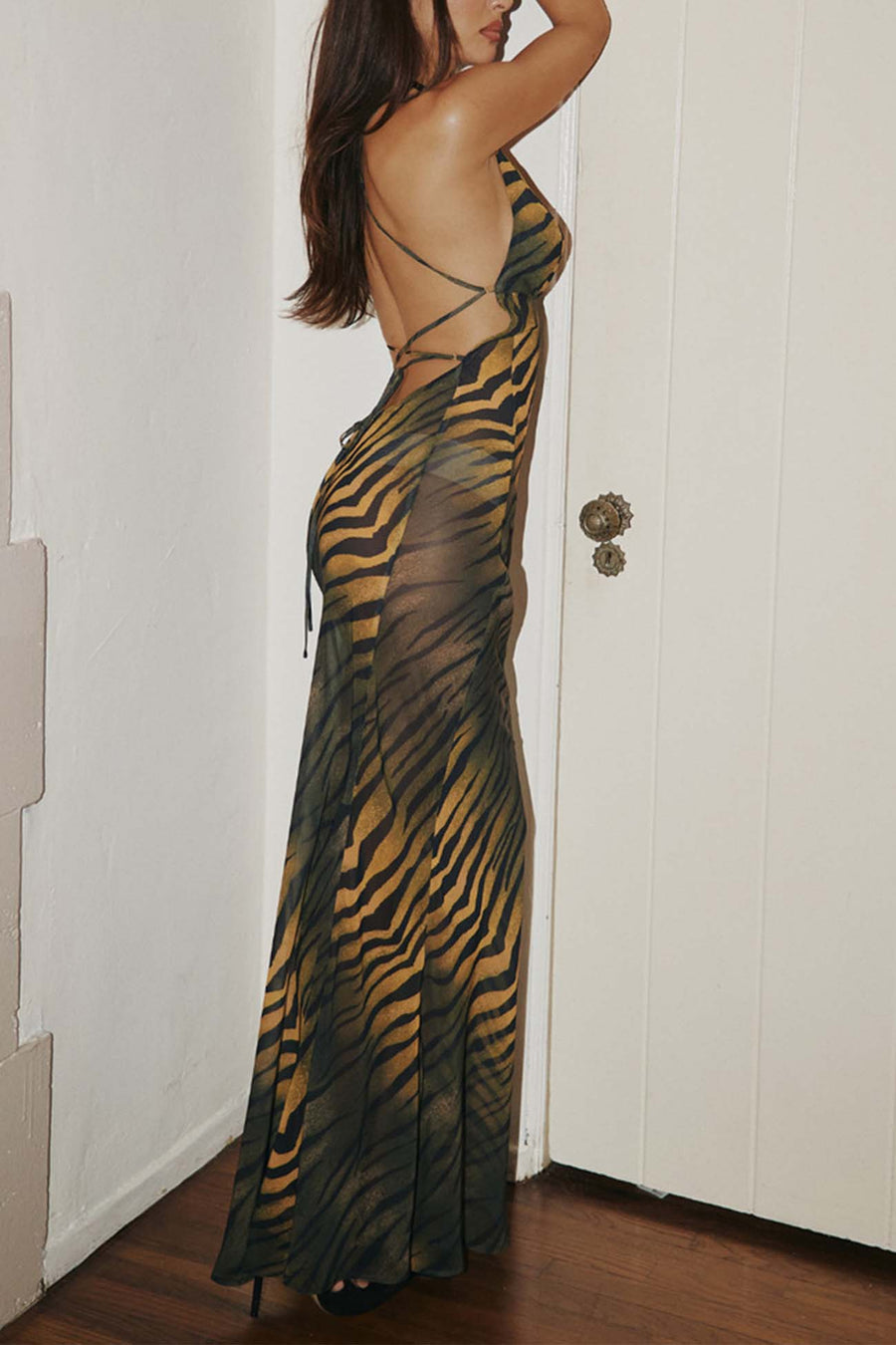 Smellmail™-Leopard Backless Strappy Maxi Dress