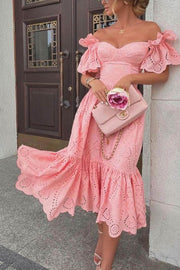 Smellmail™-Off-shoulder Hollow Out Ruffle Dress